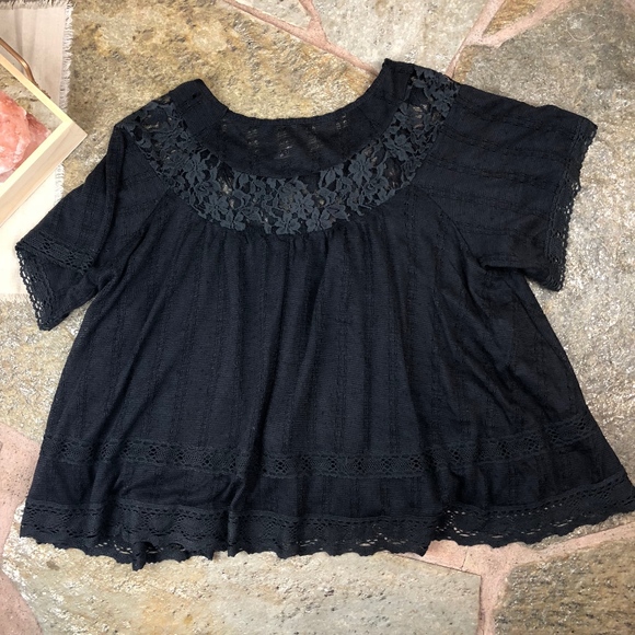 Free People Lace Panel Babydoll Peasant Top Black - Picture 7 of 8
